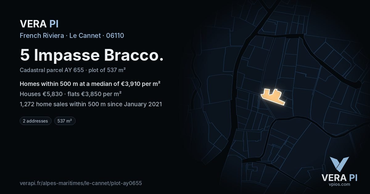 5 Impasse Bracco, Le Cannet at night – the plot lit, the parcels around coloured by the prices near them