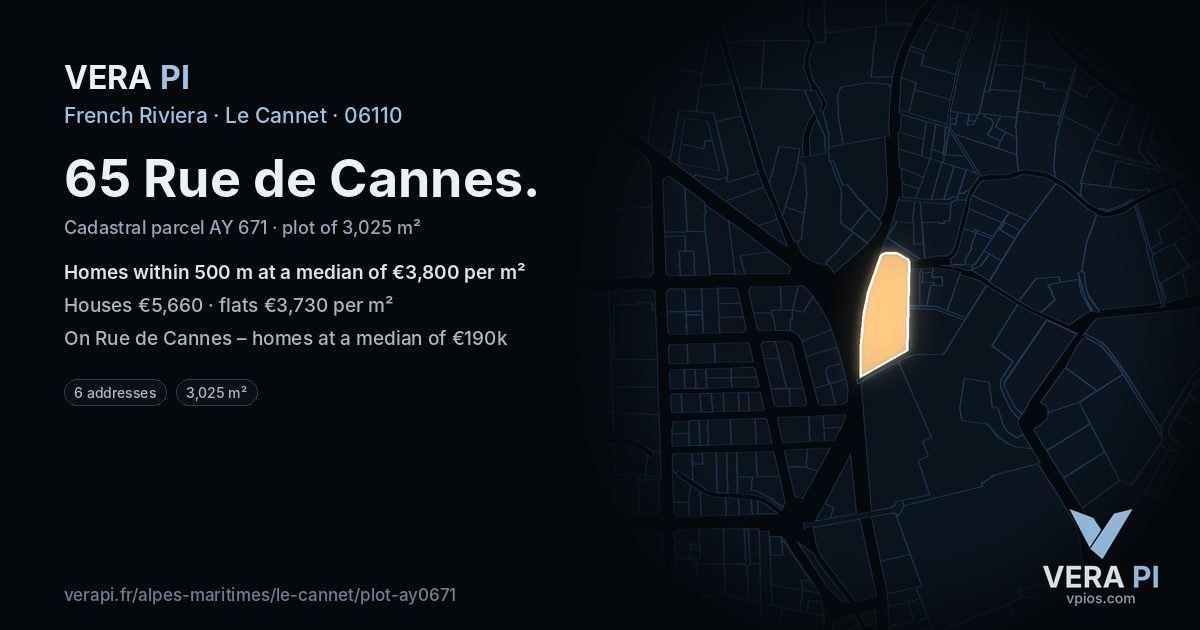 65 Rue de Cannes, Le Cannet at night – the plot lit, the parcels around coloured by the prices near them