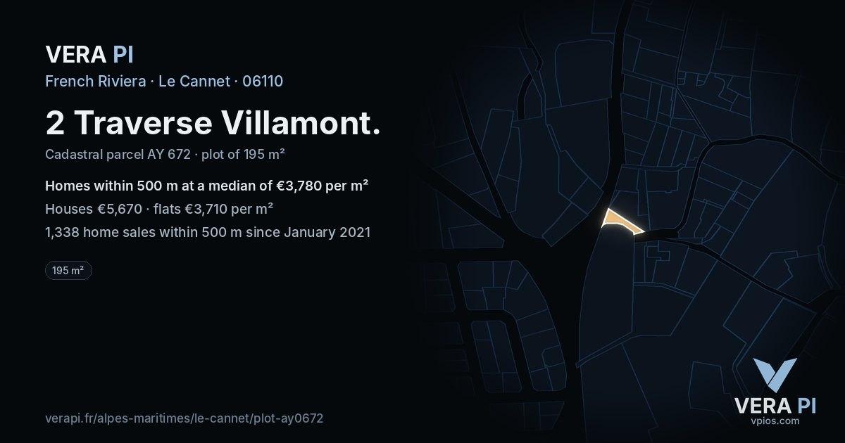 2 Traverse Villamont, Le Cannet at night – the plot lit, the parcels around coloured by the prices near them