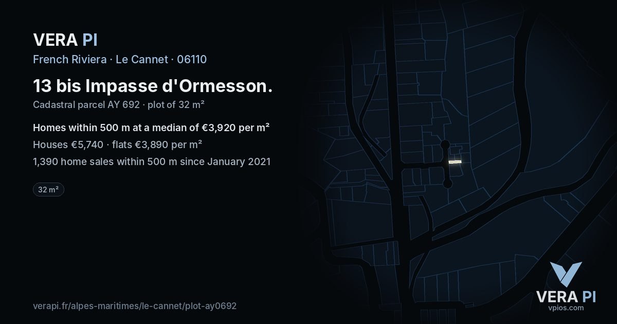 13 bis Impasse d'Ormesson, Le Cannet at night – the plot lit, the parcels around coloured by the prices near them