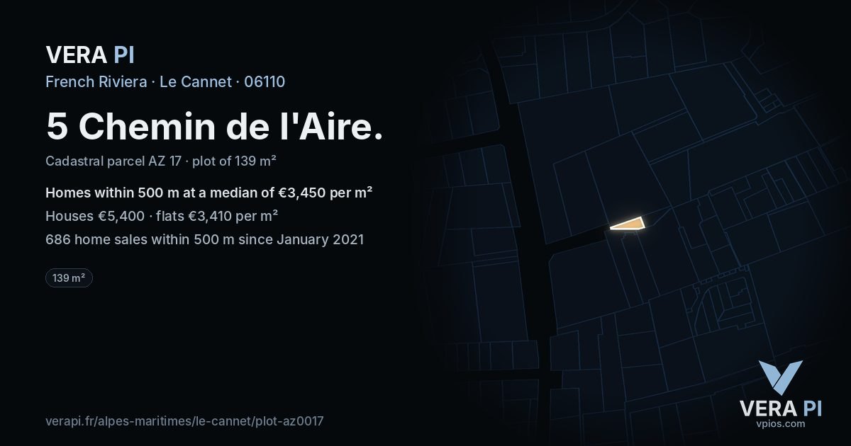 5 Chemin de l'Aire, Le Cannet at night – the plot lit, the parcels around coloured by the prices near them
