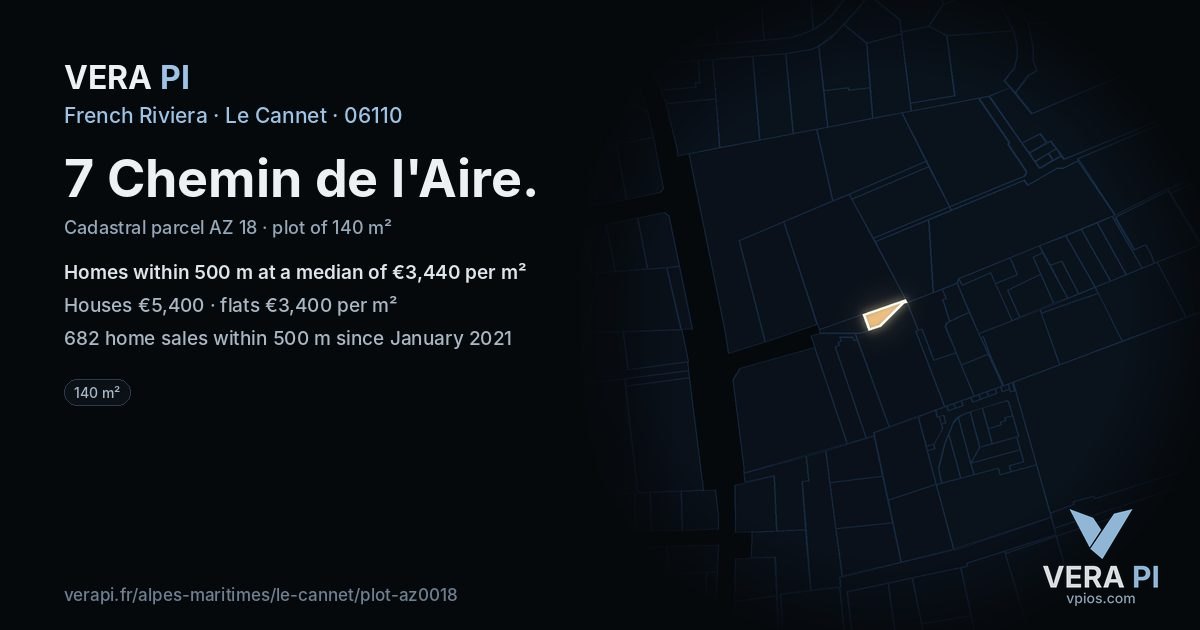 7 Chemin de l'Aire, Le Cannet at night – the plot lit, the parcels around coloured by the prices near them