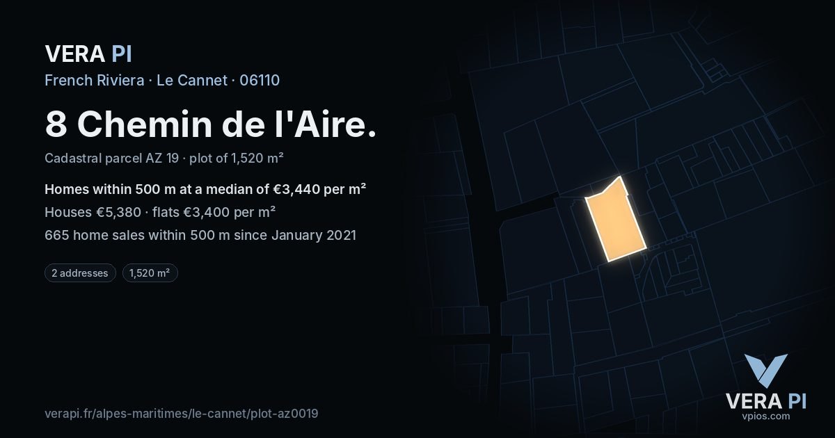 8 Chemin de l'Aire, Le Cannet at night – the plot lit, the parcels around coloured by the prices near them