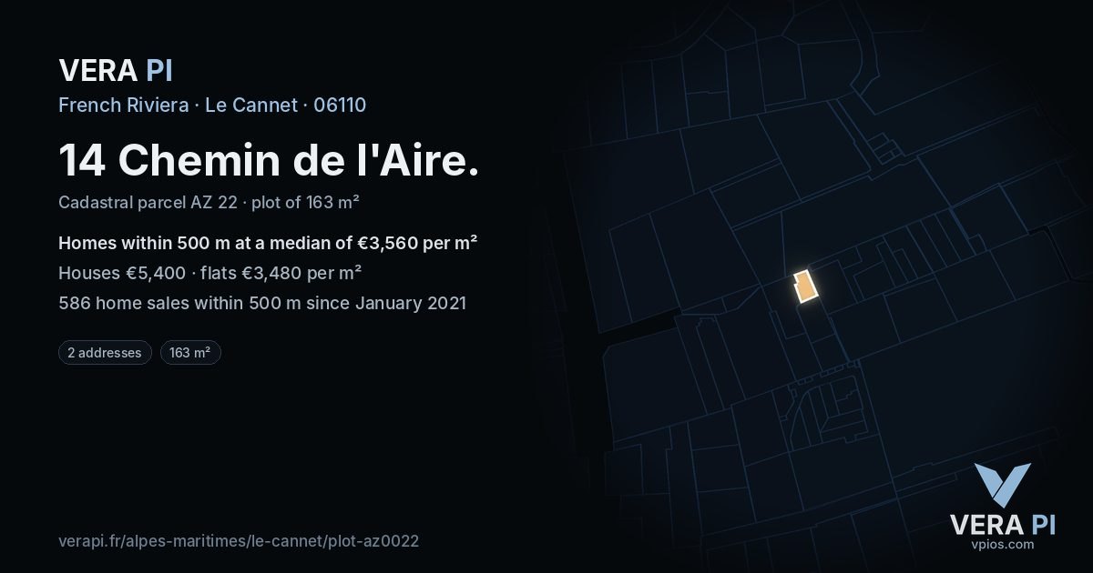14 Chemin de l'Aire, Le Cannet at night – the plot lit, the parcels around coloured by the prices near them