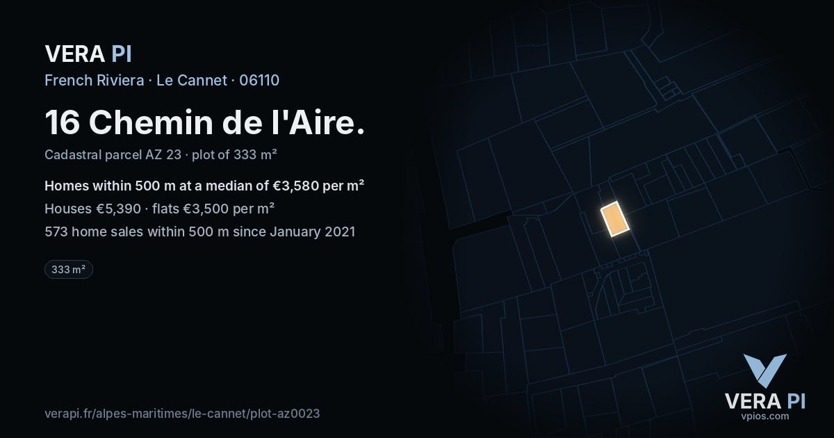 16 Chemin de l'Aire, Le Cannet at night – the plot lit, the parcels around coloured by the prices near them