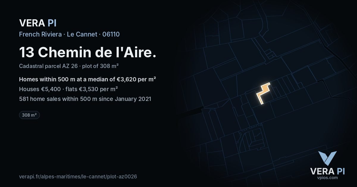 13 Chemin de l'Aire, Le Cannet at night – the plot lit, the parcels around coloured by the prices near them