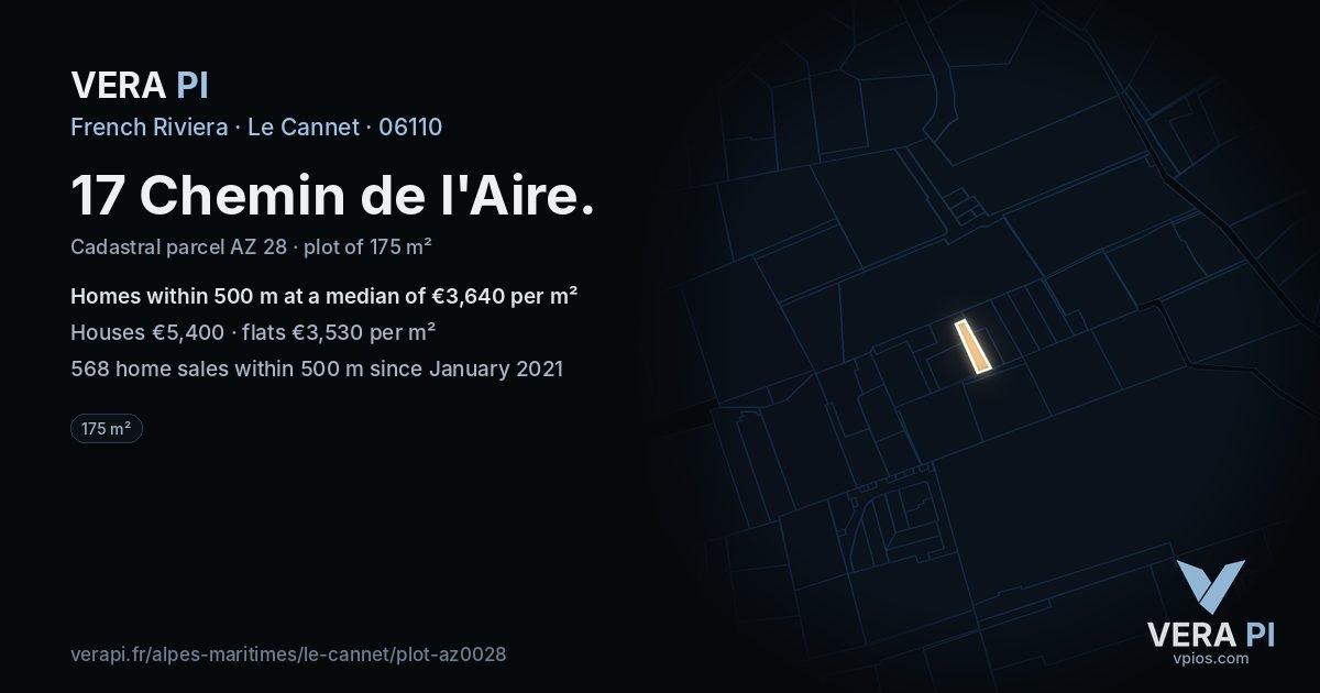 17 Chemin de l'Aire, Le Cannet at night – the plot lit, the parcels around coloured by the prices near them