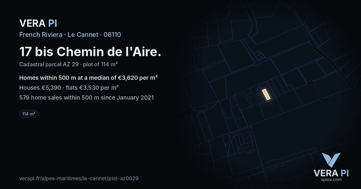 17 bis Chemin de l'Aire, Le Cannet at night – the plot lit, the parcels around coloured by the prices near them