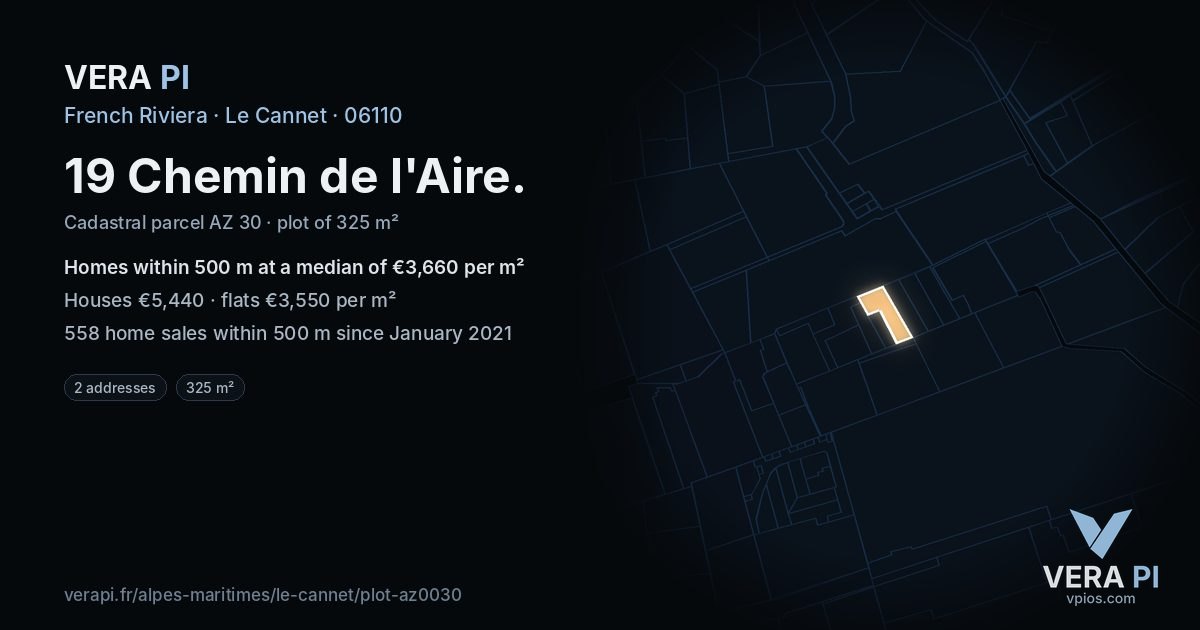 19 Chemin de l'Aire, Le Cannet at night – the plot lit, the parcels around coloured by the prices near them