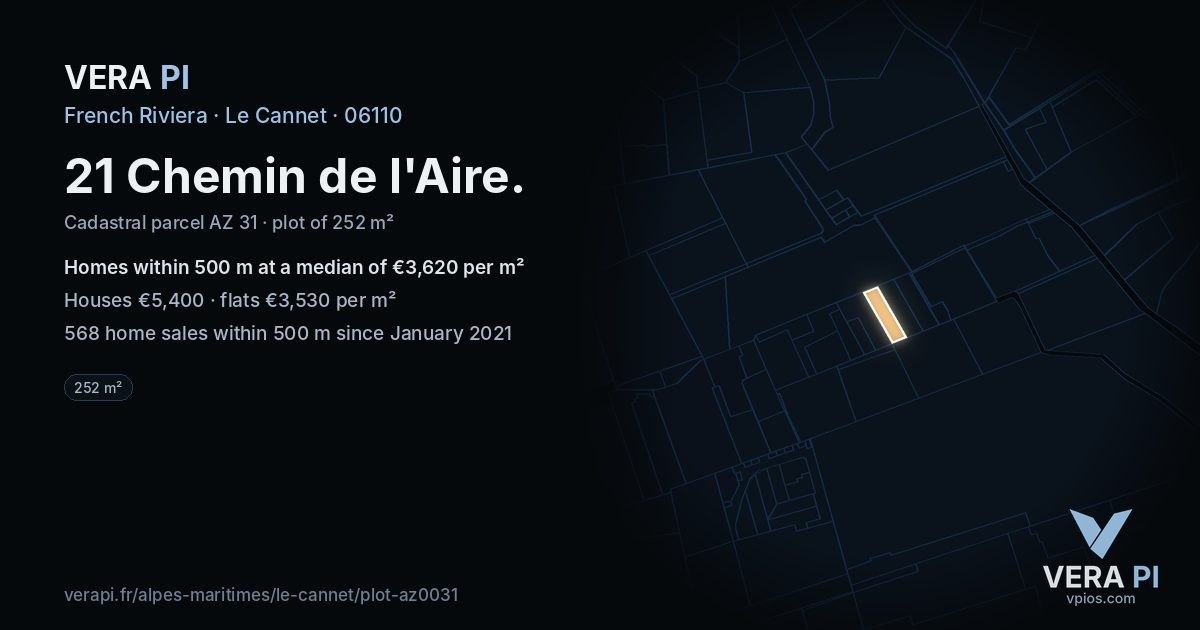 21 Chemin de l'Aire, Le Cannet at night – the plot lit, the parcels around coloured by the prices near them