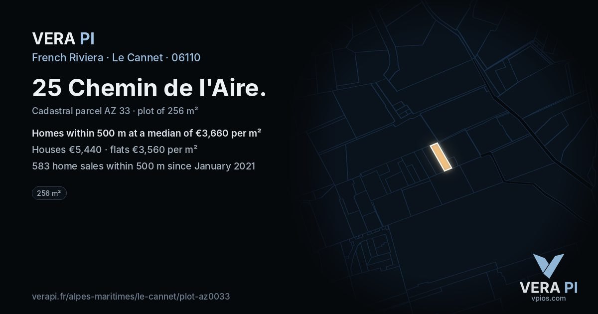 25 Chemin de l'Aire, Le Cannet at night – the plot lit, the parcels around coloured by the prices near them