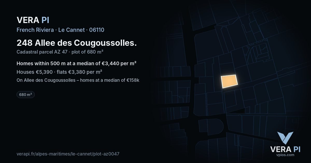 248 Allee des Cougoussolles, Le Cannet at night – the plot lit, the parcels around coloured by the prices near them
