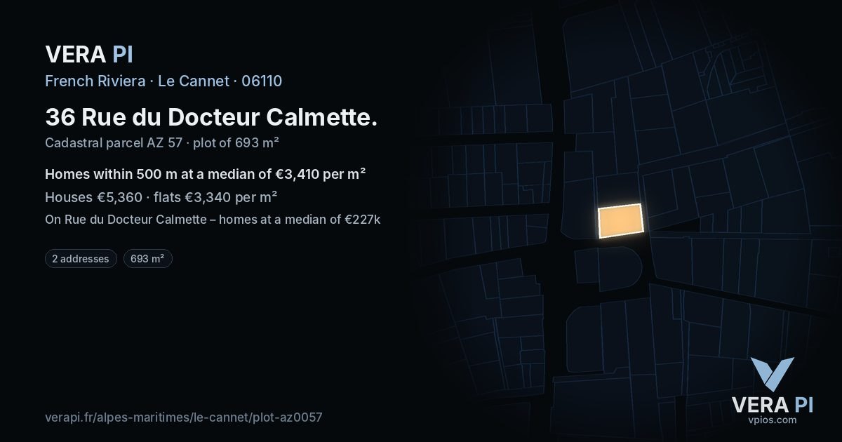 36 Rue du Docteur Calmette, Le Cannet at night – the plot lit, the parcels around coloured by the prices near them