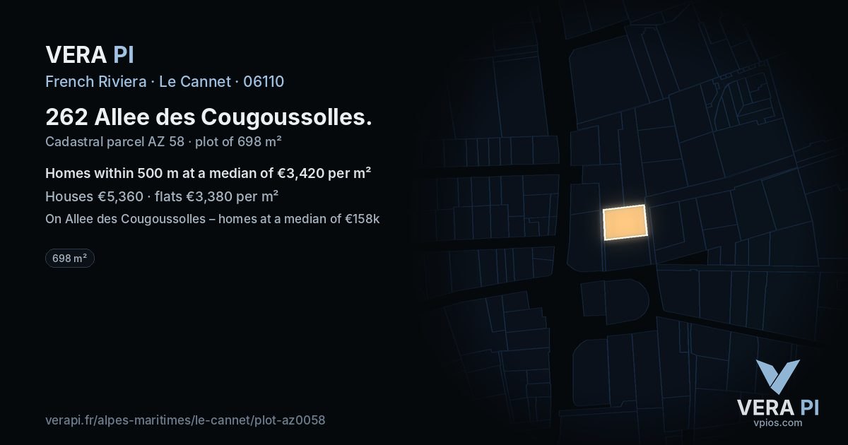 262 Allee des Cougoussolles, Le Cannet at night – the plot lit, the parcels around coloured by the prices near them