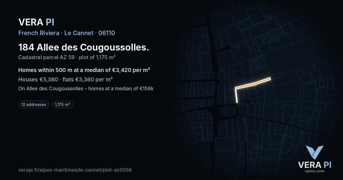 184 Allee des Cougoussolles, Le Cannet at night – the plot lit, the parcels around coloured by the prices near them