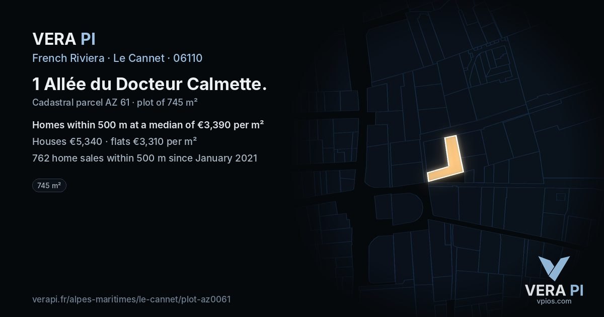 1 Allée du Docteur Calmette, Le Cannet at night – the plot lit, the parcels around coloured by the prices near them