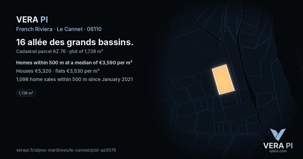 16 allée des grands bassins, Le Cannet at night – the plot lit, the parcels around coloured by the prices near them
