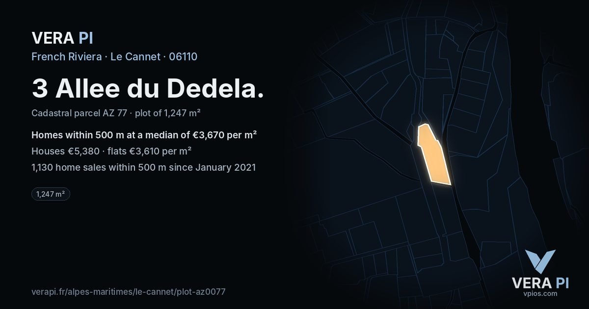 3 Allee du Dedela, Le Cannet at night – the plot lit, the parcels around coloured by the prices near them
