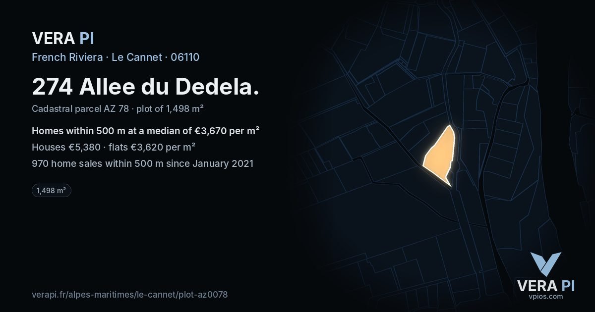 274 Allee du Dedela, Le Cannet at night – the plot lit, the parcels around coloured by the prices near them