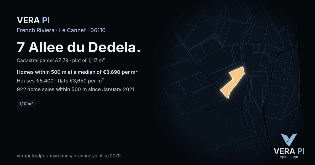 7 Allee du Dedela, Le Cannet at night – the plot lit, the parcels around coloured by the prices near them