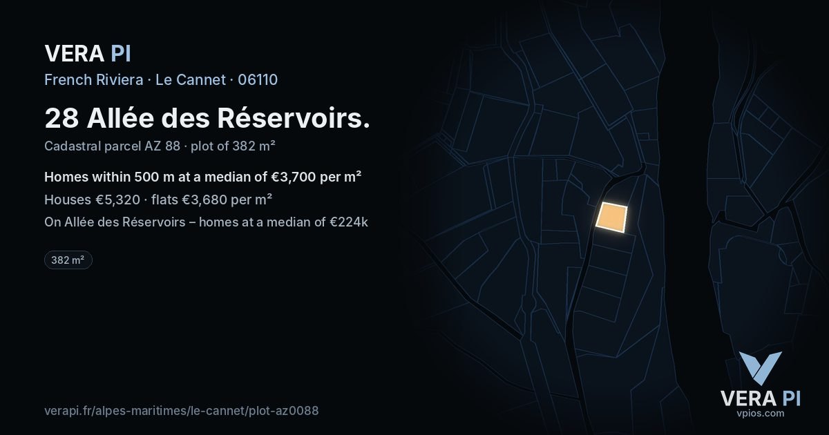 28 Allée des Réservoirs, Le Cannet at night – the plot lit, the parcels around coloured by the prices near them