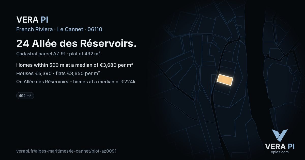 24 Allée des Réservoirs, Le Cannet at night – the plot lit, the parcels around coloured by the prices near them