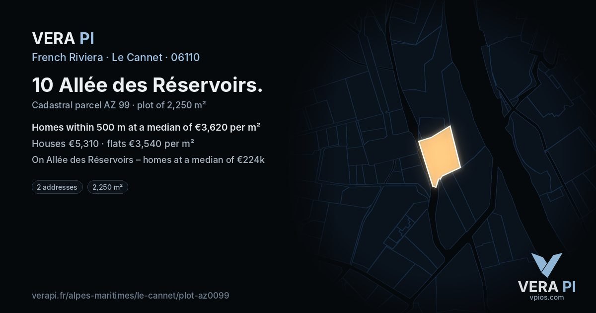 10 Allée des Réservoirs, Le Cannet at night – the plot lit, the parcels around coloured by the prices near them