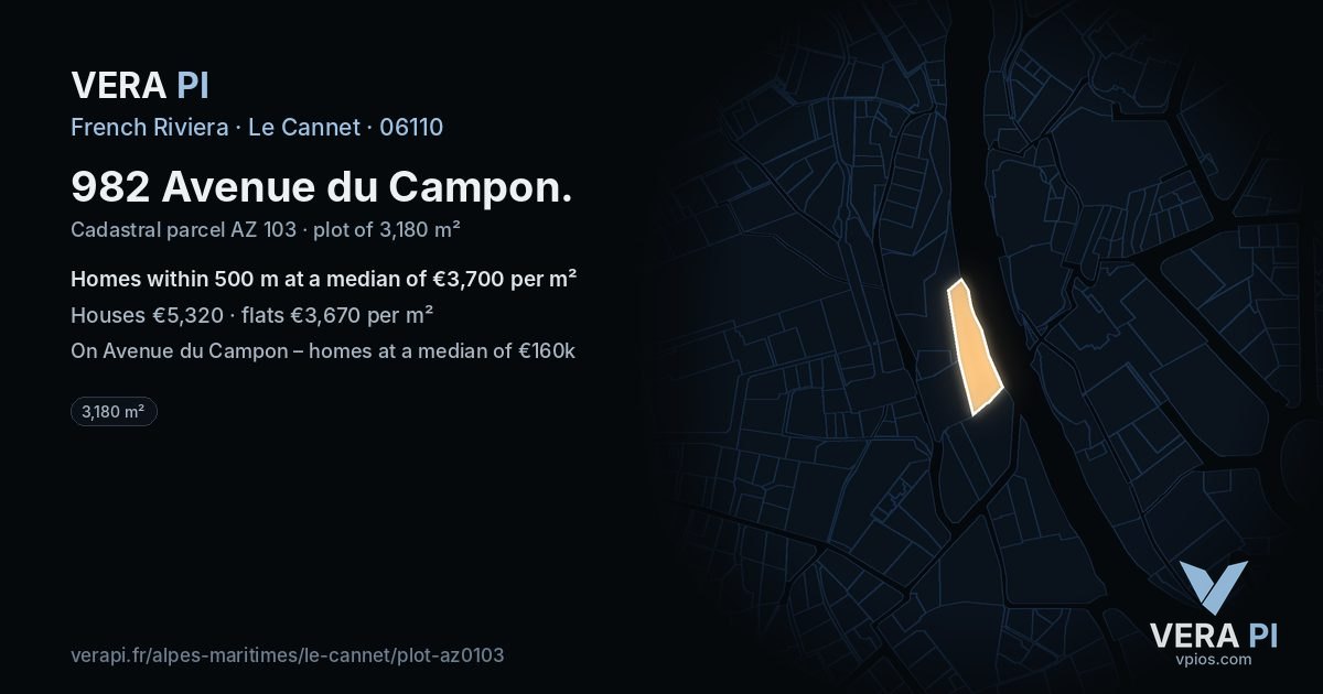 982 Avenue du Campon, Le Cannet at night – the plot lit, the parcels around coloured by the prices near them