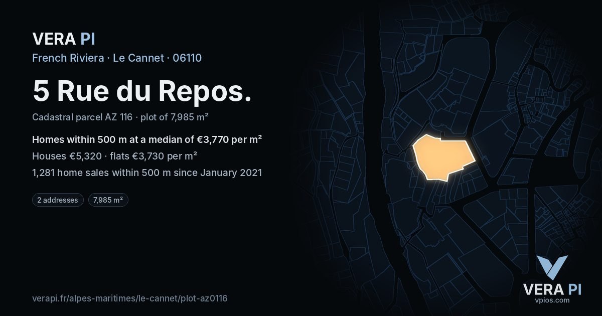 5 Rue du Repos, Le Cannet at night – the plot lit, the parcels around coloured by the prices near them