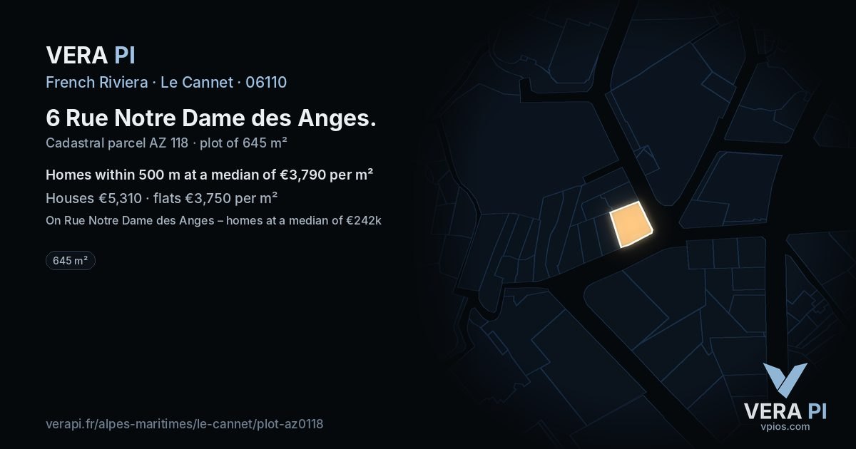 6 Rue Notre Dame des Anges, Le Cannet at night – the plot lit, the parcels around coloured by the prices near them