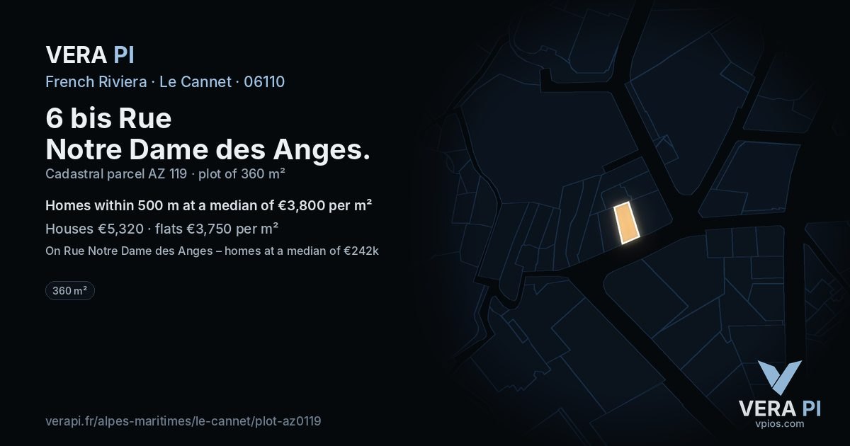 6 bis Rue Notre Dame des Anges, Le Cannet at night – the plot lit, the parcels around coloured by the prices near them