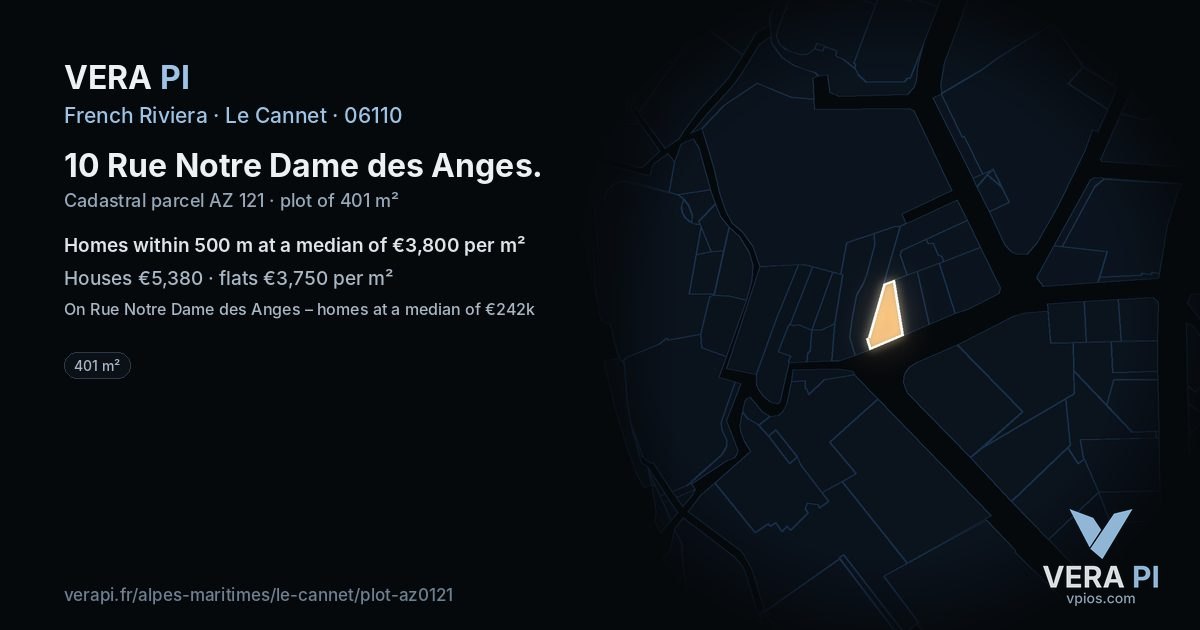 10 Rue Notre Dame des Anges, Le Cannet at night – the plot lit, the parcels around coloured by the prices near them
