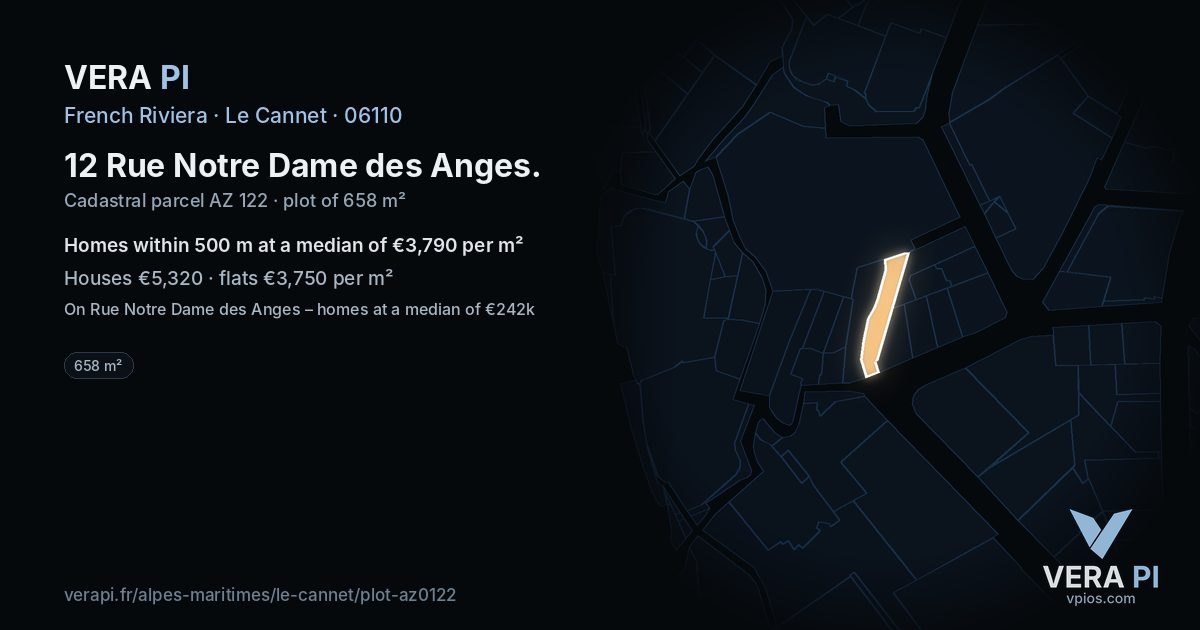 12 Rue Notre Dame des Anges, Le Cannet at night – the plot lit, the parcels around coloured by the prices near them