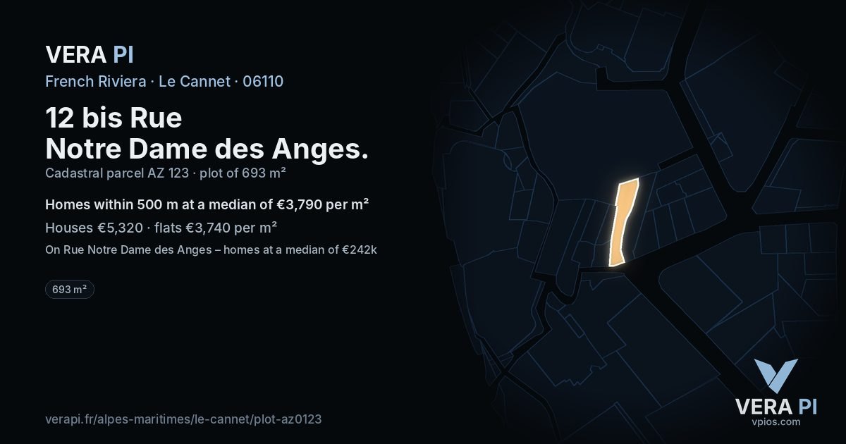 12 bis Rue Notre Dame des Anges, Le Cannet at night – the plot lit, the parcels around coloured by the prices near them