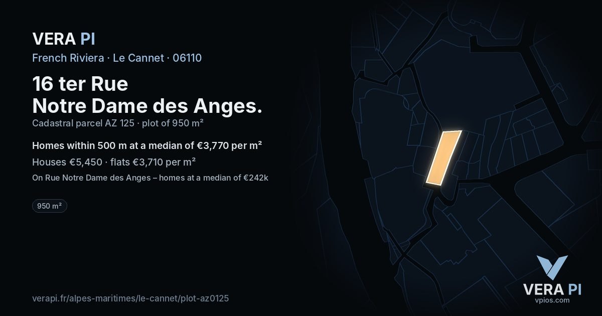 16 ter Rue Notre Dame des Anges, Le Cannet at night – the plot lit, the parcels around coloured by the prices near them