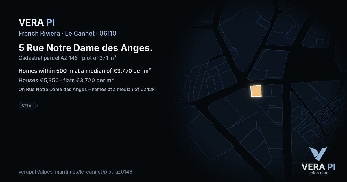 5 Rue Notre Dame des Anges, Le Cannet at night – the plot lit, the parcels around coloured by the prices near them