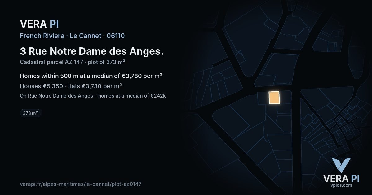 3 Rue Notre Dame des Anges, Le Cannet at night – the plot lit, the parcels around coloured by the prices near them
