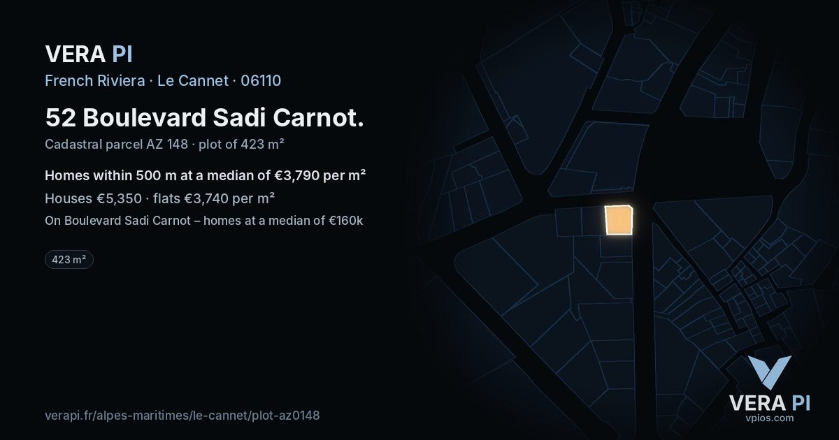52 Boulevard Sadi Carnot, Le Cannet at night – the plot lit, the parcels around coloured by the prices near them