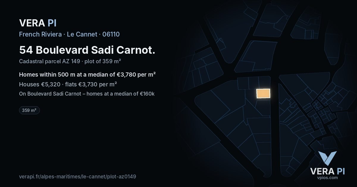 54 Boulevard Sadi Carnot, Le Cannet at night – the plot lit, the parcels around coloured by the prices near them