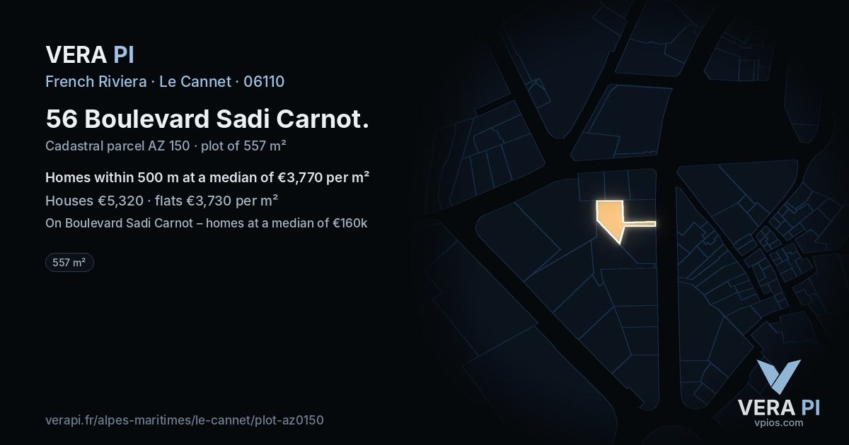 56 Boulevard Sadi Carnot, Le Cannet at night – the plot lit, the parcels around coloured by the prices near them