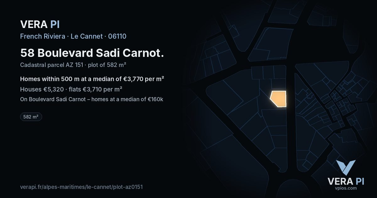 58 Boulevard Sadi Carnot, Le Cannet at night – the plot lit, the parcels around coloured by the prices near them