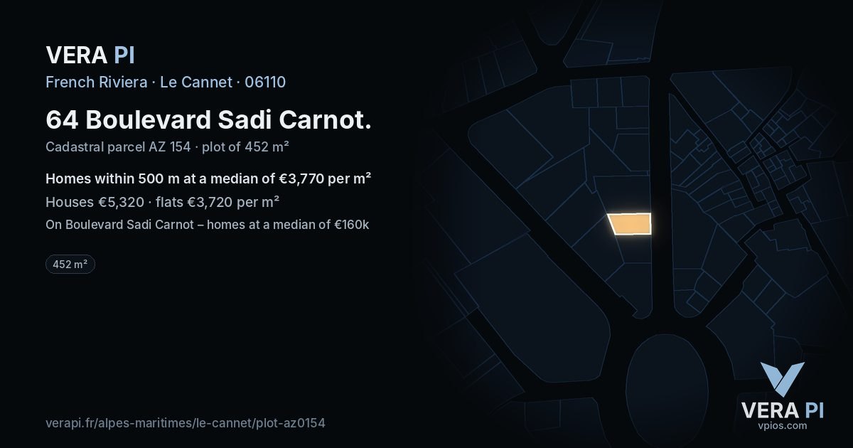 64 Boulevard Sadi Carnot, Le Cannet at night – the plot lit, the parcels around coloured by the prices near them