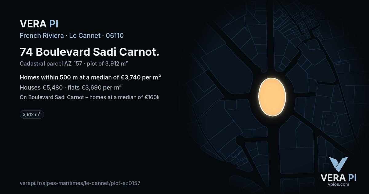 74 Boulevard Sadi Carnot, Le Cannet at night – the plot lit, the parcels around coloured by the prices near them