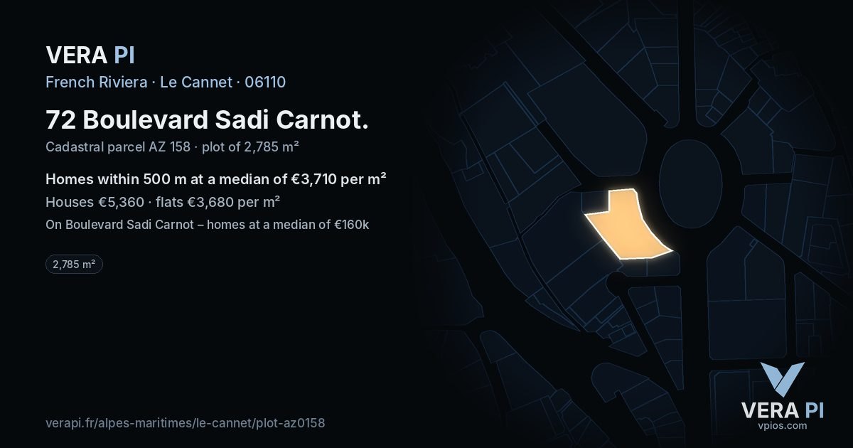 72 Boulevard Sadi Carnot, Le Cannet at night – the plot lit, the parcels around coloured by the prices near them