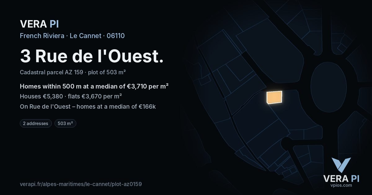 3 Rue de l'Ouest, Le Cannet at night – the plot lit, the parcels around coloured by the prices near them