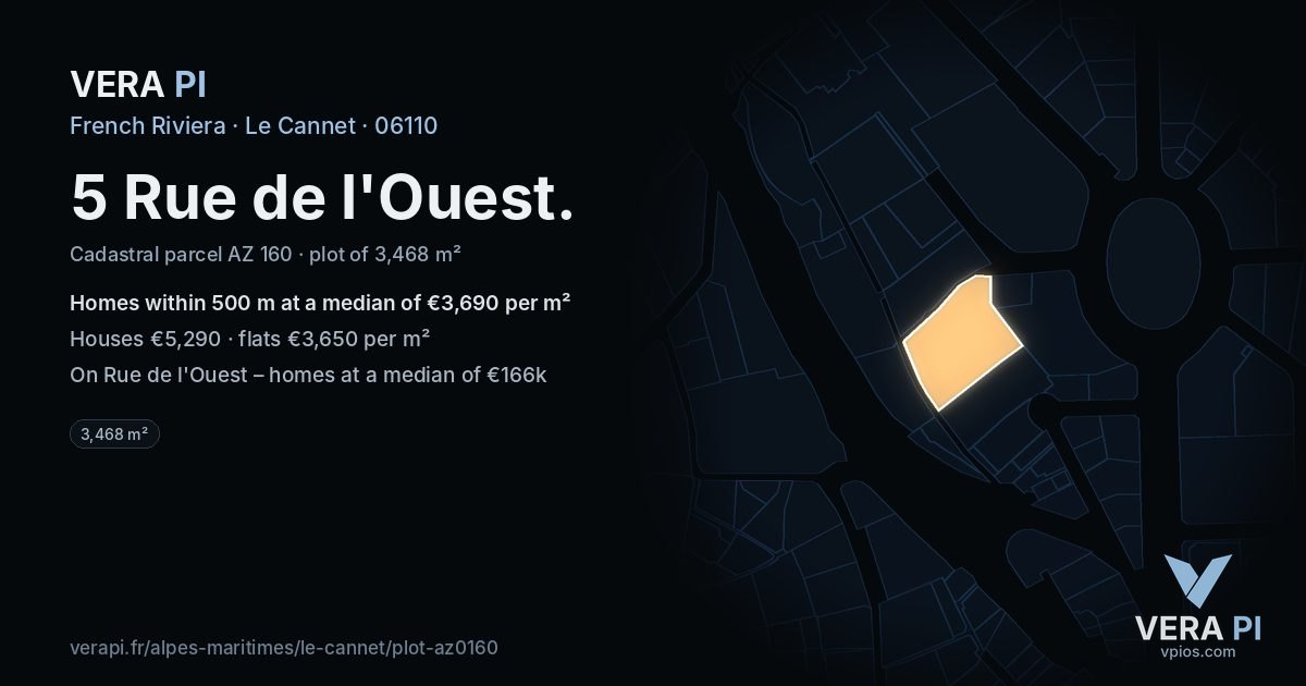 5 Rue de l'Ouest, Le Cannet at night – the plot lit, the parcels around coloured by the prices near them