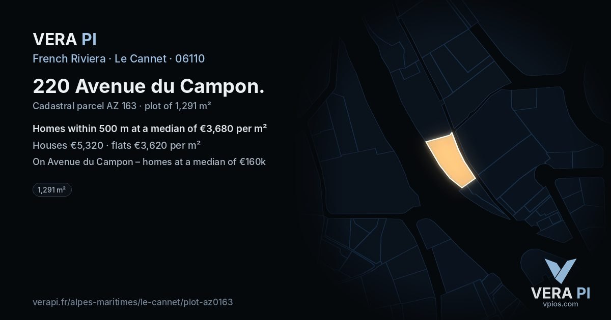 220 Avenue du Campon, Le Cannet at night – the plot lit, the parcels around coloured by the prices near them