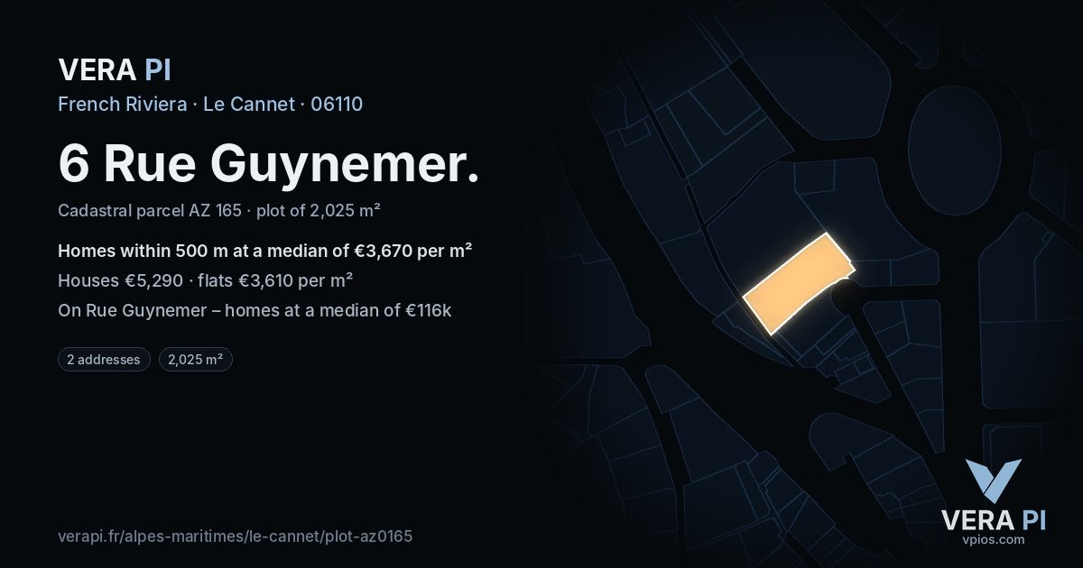 6 Rue Guynemer, Le Cannet at night – the plot lit, the parcels around coloured by the prices near them