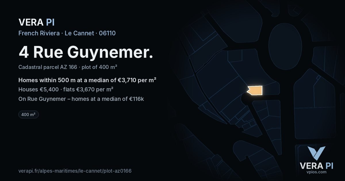 4 Rue Guynemer, Le Cannet at night – the plot lit, the parcels around coloured by the prices near them