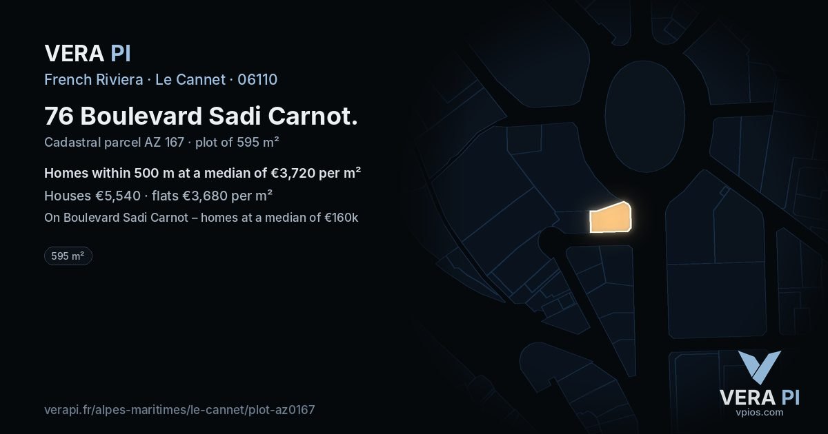 76 Boulevard Sadi Carnot, Le Cannet at night – the plot lit, the parcels around coloured by the prices near them